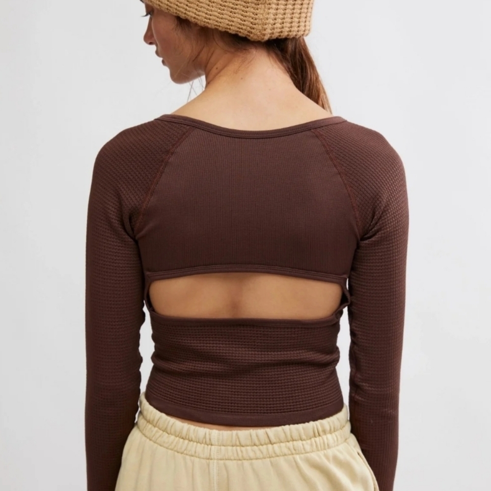 FP Movement by Free People Chocolate Brown Long Sleeve Waffle Henley - Picture 3 of 8